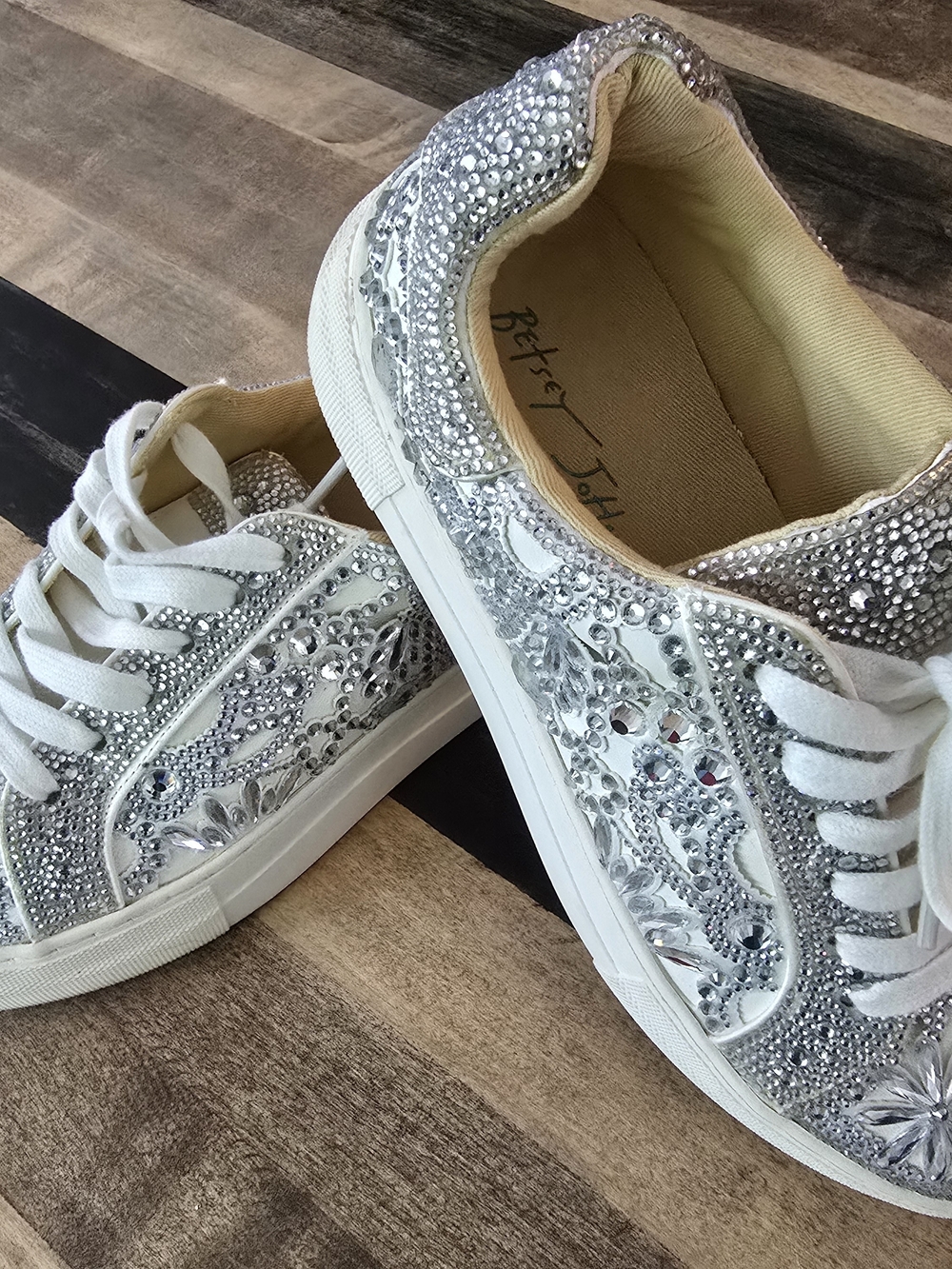 Betsey Johnson Silver Crystal Embellished Lace-Up Sneakers